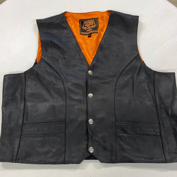 Milwaukee Mens 54 Black Premium Leather Biker Riding Vest Orange Lined V-Neck 3X - Picture 1 of 11
